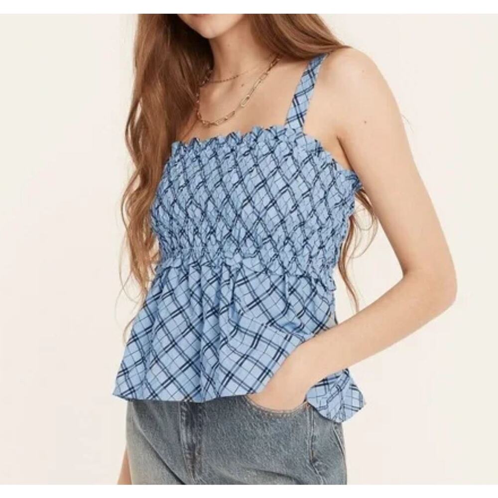 NEW J.Crew Smocked Tank Top Blouse Small Blue Plaid Lightweight Spring Shirred